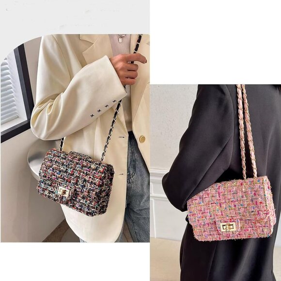 Crossbody Shoulder Bag Women Tweed PU Leather Small Purse Evening Satchel - Picture 6 of 6